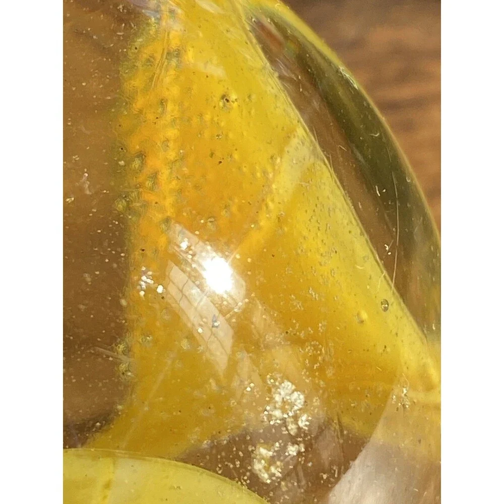 Art Glass Paperweight Yellow Trumpet Flower Blown Bubbles 3” Colorful Floral